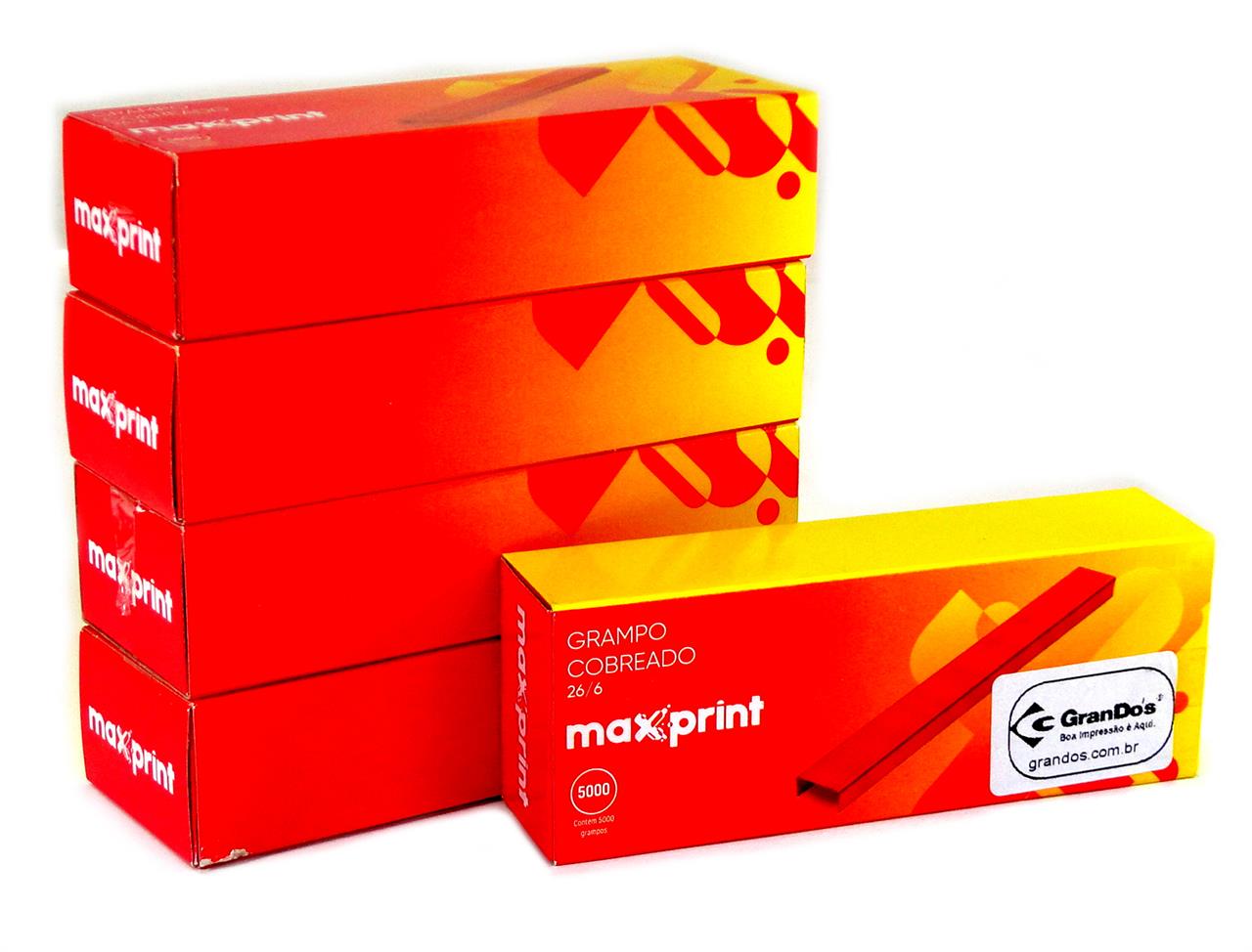 Caneta, Clips, Grampo, Elástico, Cola, Envelope, Durex e Lápis - Grampo 26/6 Cobreado Pack com 5 caixas Maxprint