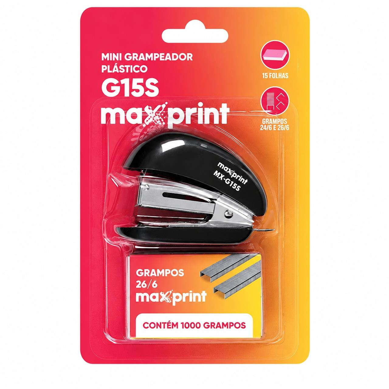Grampeador 15 Folhas MINI Plástico PRETO Com 1000 Grampos